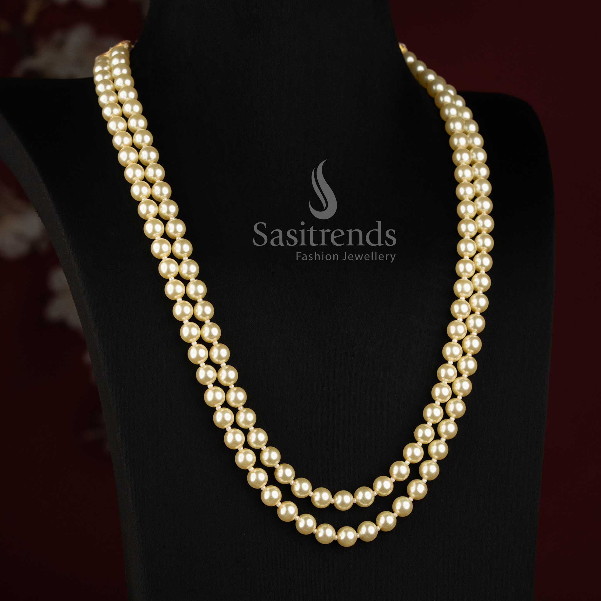 Graceful premium shell pearl statement long necklace featuring multiple pearl layers, ideal traditional jewellery for bridal events, receptions and special celebrations - Sasitrends
