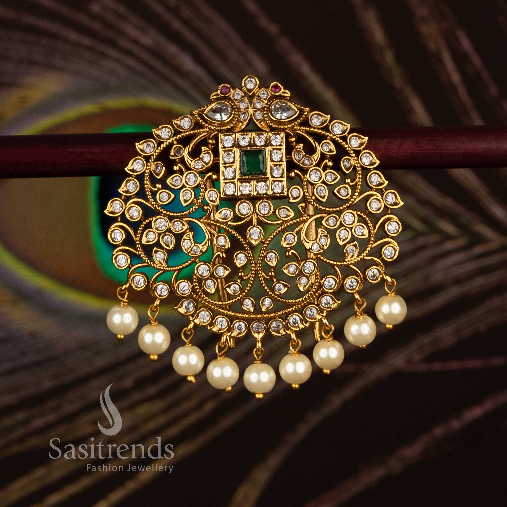 Temple matte gold plated multi AD stone floral paisley jadai billai hair brooch with pearl drops - Sasitrends