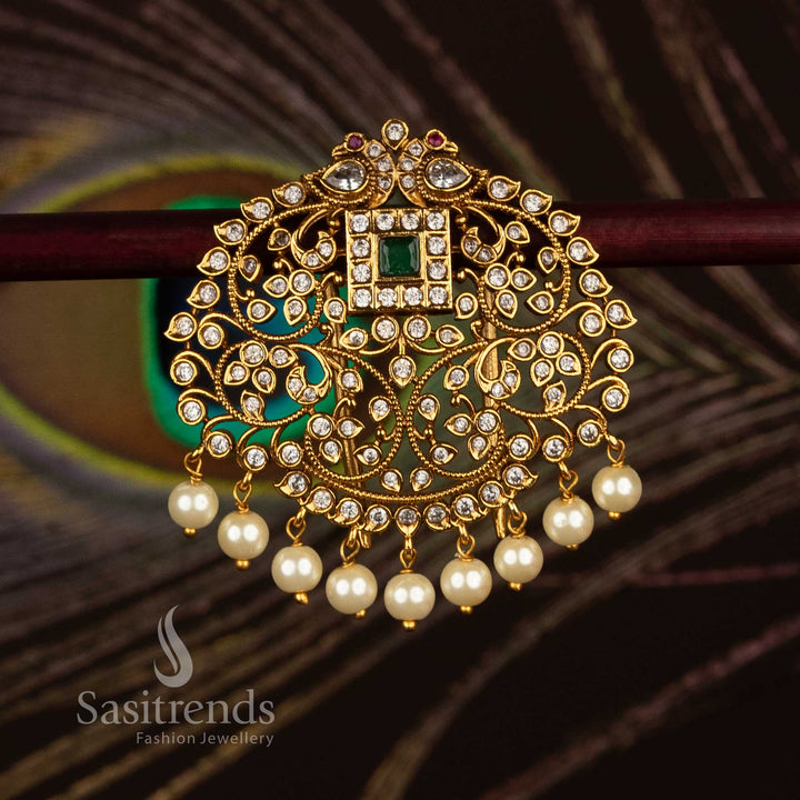 Temple matte gold plated multi AD stone floral paisley jadai billai hair brooch with pearl drops - Sasitrends