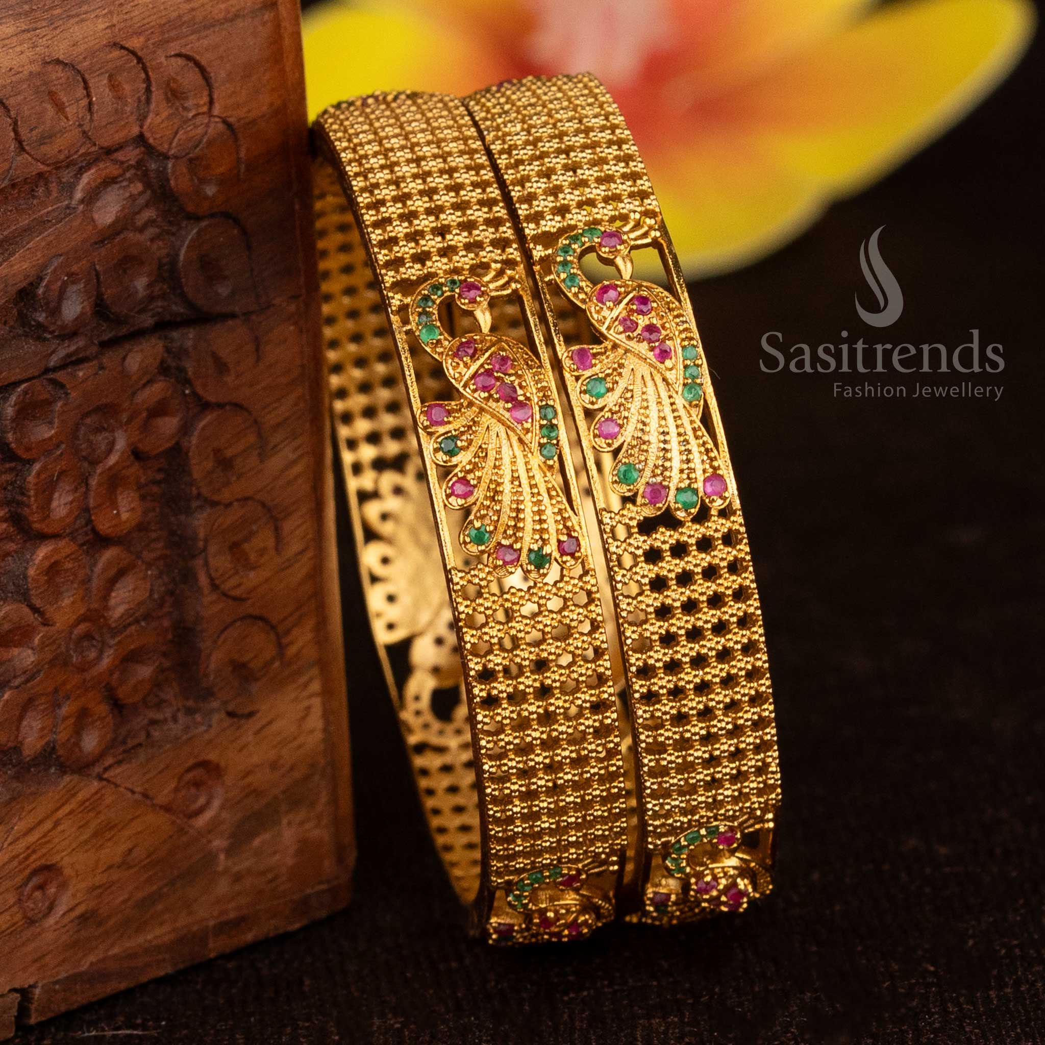 Luxurious Temple Matte Gold Plated Peacock AD Bangles with AD Stones – Sasitrends 
