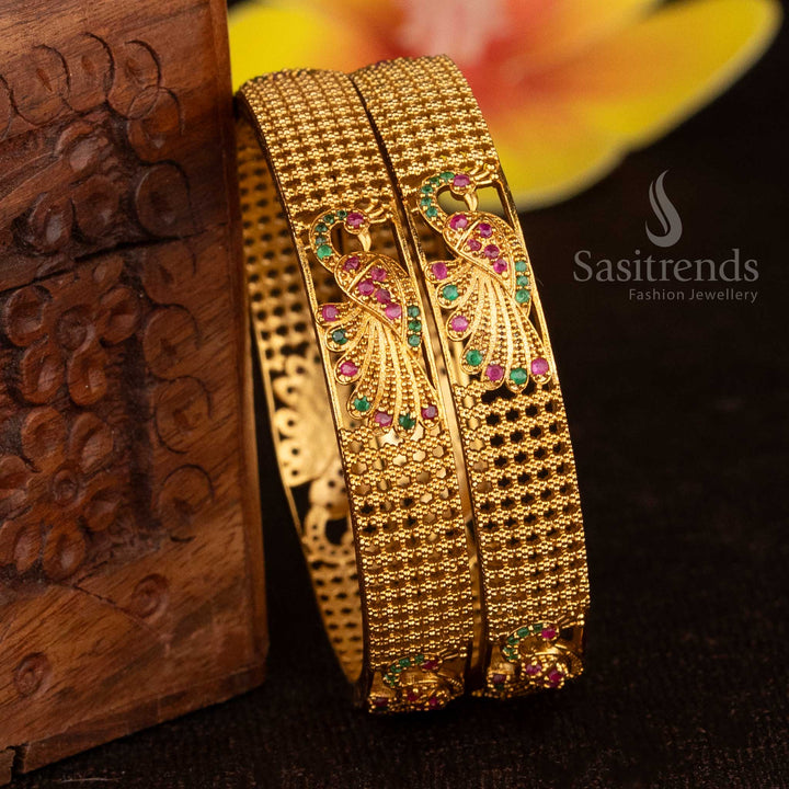 Premium Temple Matte Gold Plated Peacock AD Bangles Set of 2 for Festive Saree and Traditional Wear