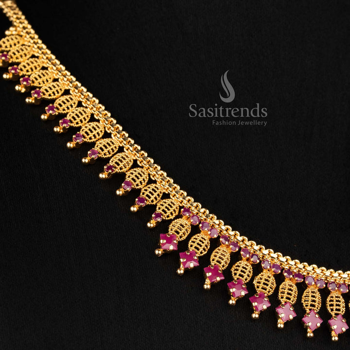 Guaranteed micro gold plated ruby AD stone festive necklace with detailed lattice motifs and extended hanging pattern creating a bold traditional jewellery look by Sasitrends