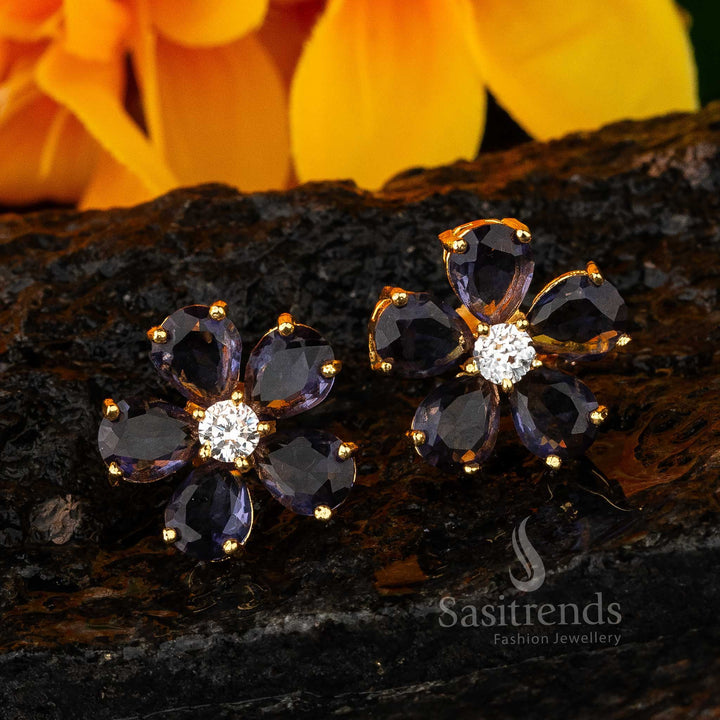 Royal Purple Gemstone Earrings with American Diamonds - Exquisite Floral - Sasitrends