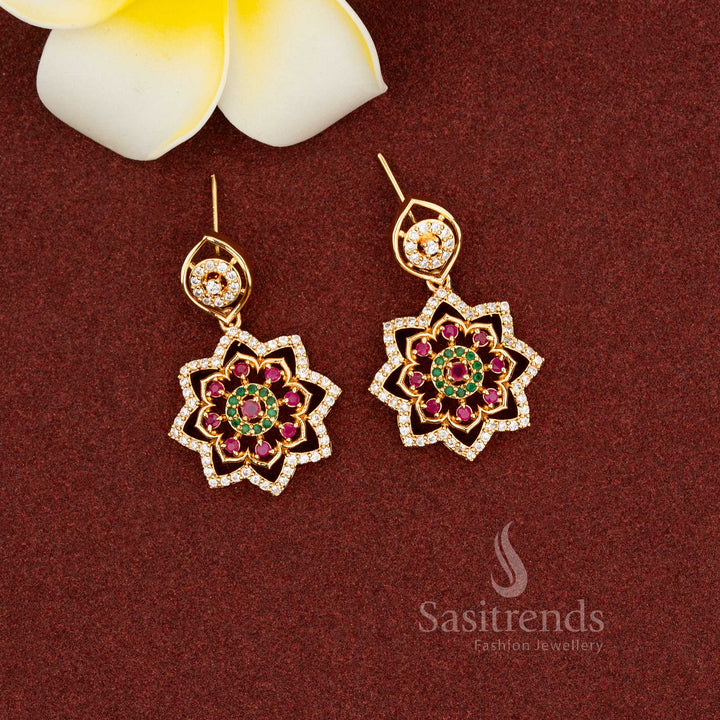Majestic Micro Gold Plated American Diamond Floral Earrings for Grand Celebrations and Elegant Party Wear – Sasitrends - Sasitrends
