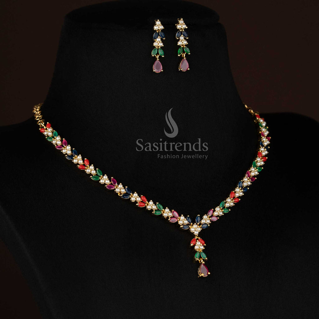 Radiant American diamond micro gold plated triangle-cut pearl leaf necklace set for parties