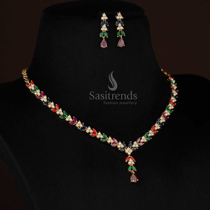 Radiant American Diamond Micro Gold Plated Triangle-Cut Pearl Leaf Necklace Jewellery Set for Party Evenings & Style Events