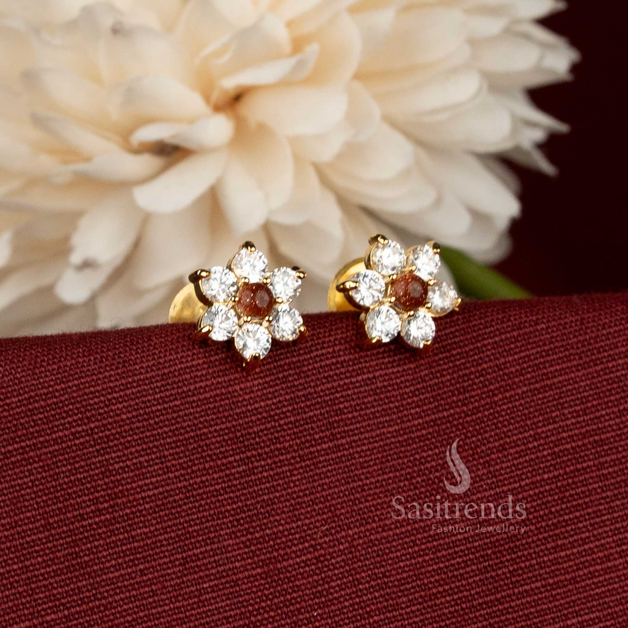 Micro Gold Plated Circular AD Stone Floral Stud Earrings with Pearls– Elegant Styling for Parties & Gifting - Sasitrends
