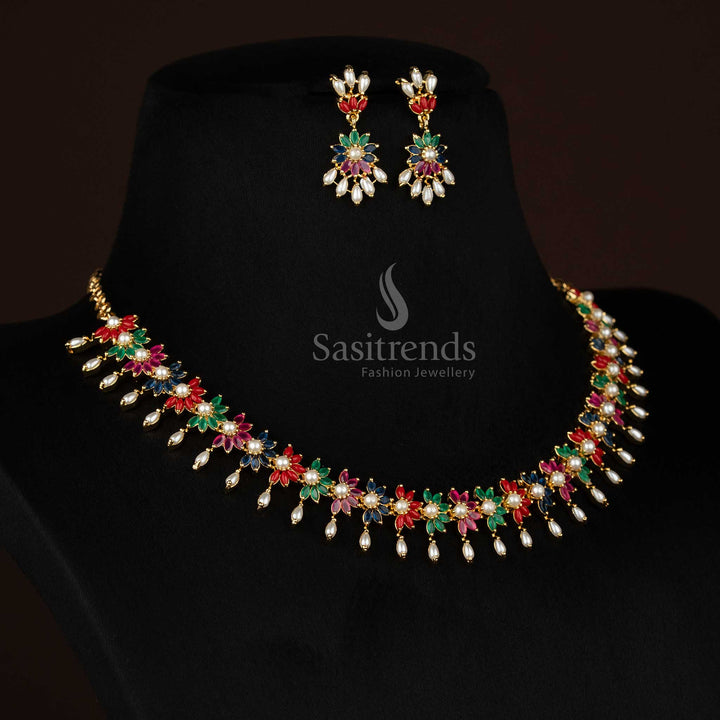 Radiantique American diamond micro gold plated floral cluster necklace set for parties - Sasitrends