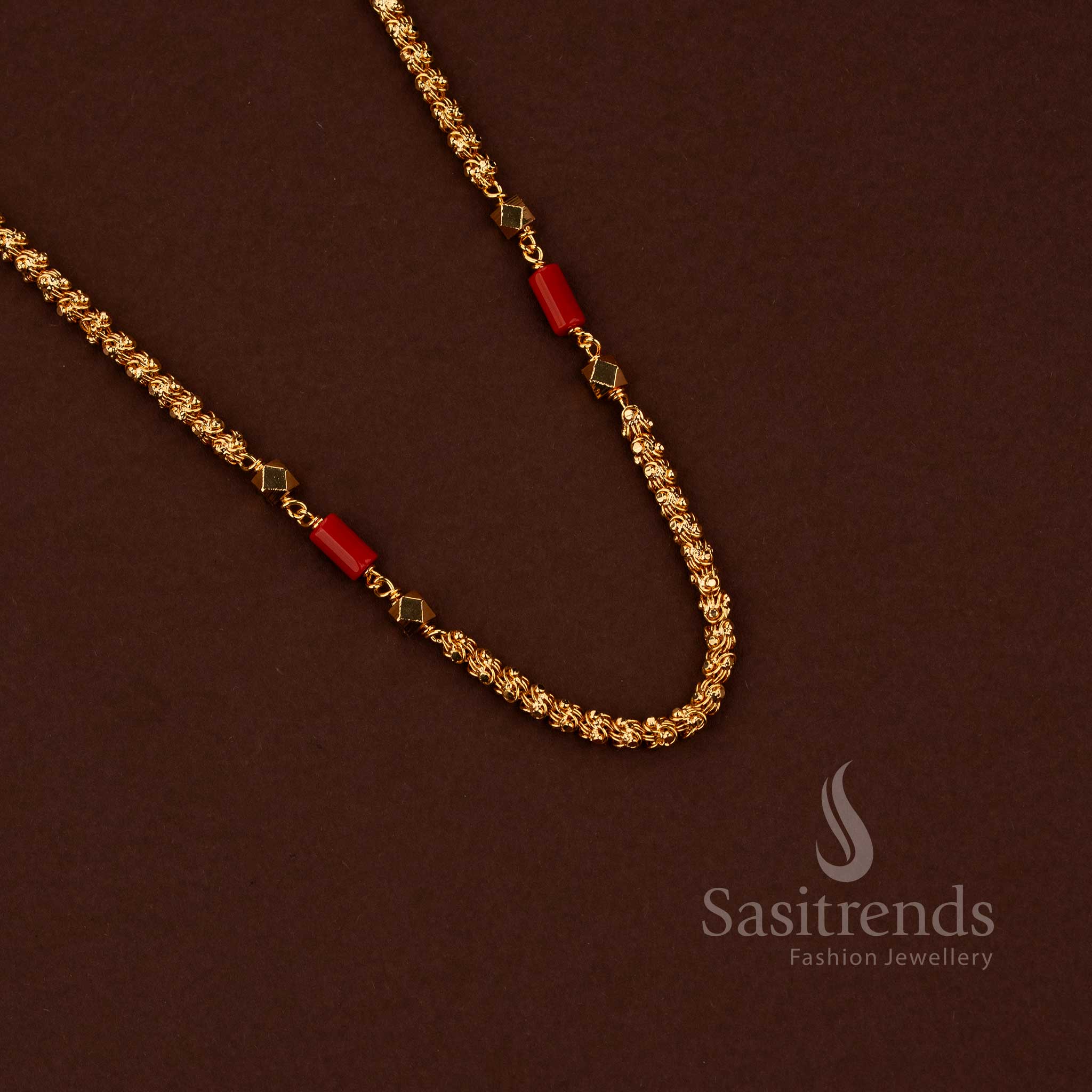 24 carat pure gold inspired Mangalorean Dasavatharm Thennampoo rope chain with coral beads and golden balls - Sasitrends