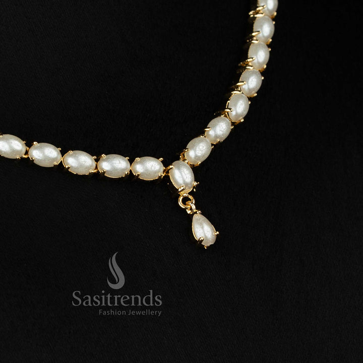 Gorgeous one gram micro gold plated american diamond pearl oval link teardrop dangler necklace set by Sasitrends