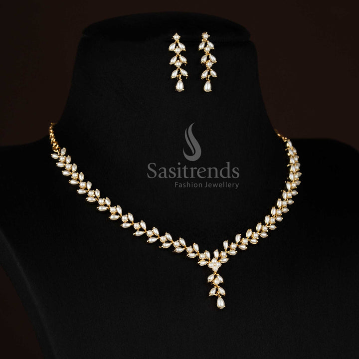Traditional 24k micro gold plated pearl leaf motif necklace set by Sasitrends