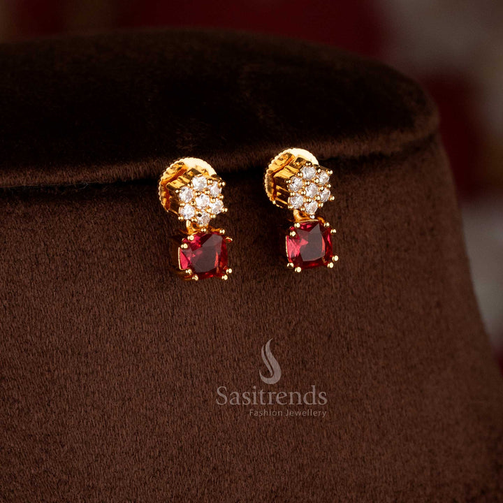 Sasitrends Traditional American Diamond necklace jewellery set with floral chain design, square red centre stone and coordinated stud earrings in micro gold plating