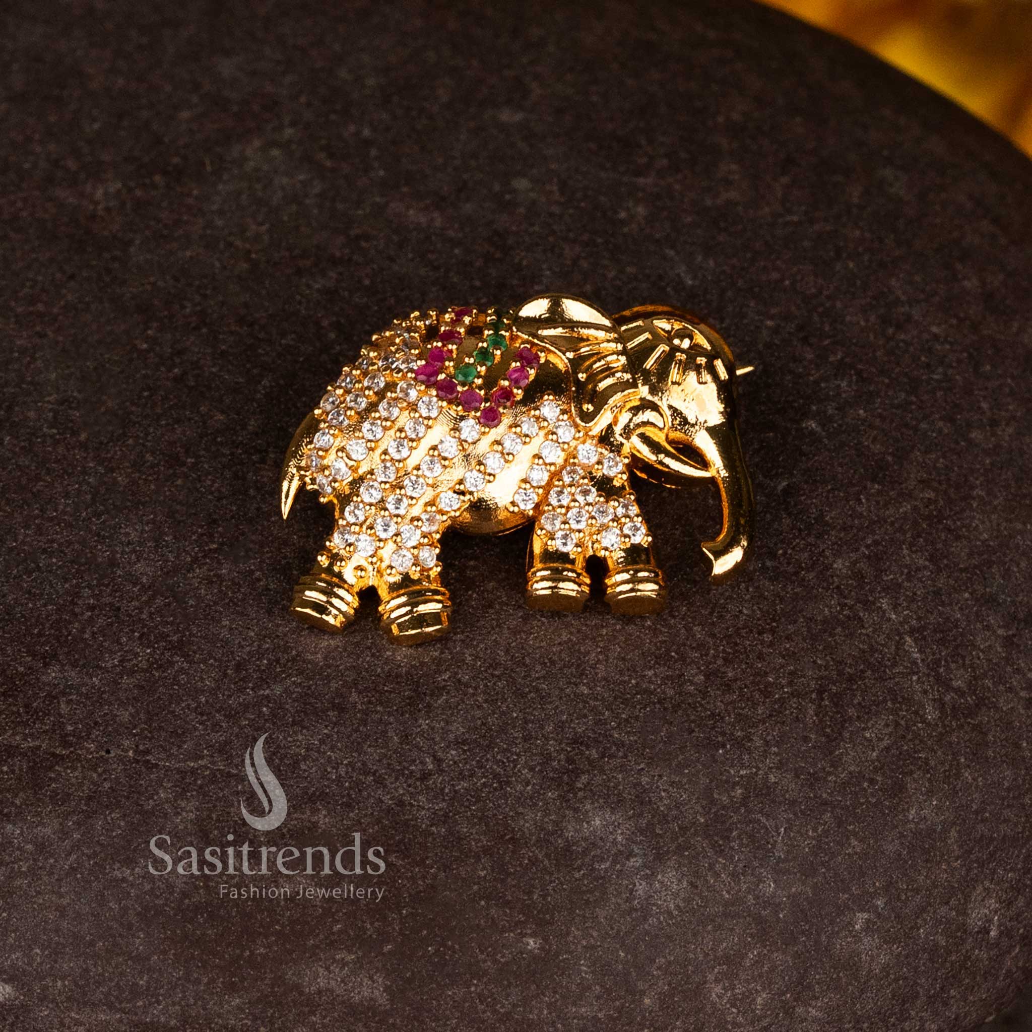 Guaranteed Traditional Real gold look Micro Gold Plated American Diamond Saree Pin with Traditional Elephant Design - Sasitrends