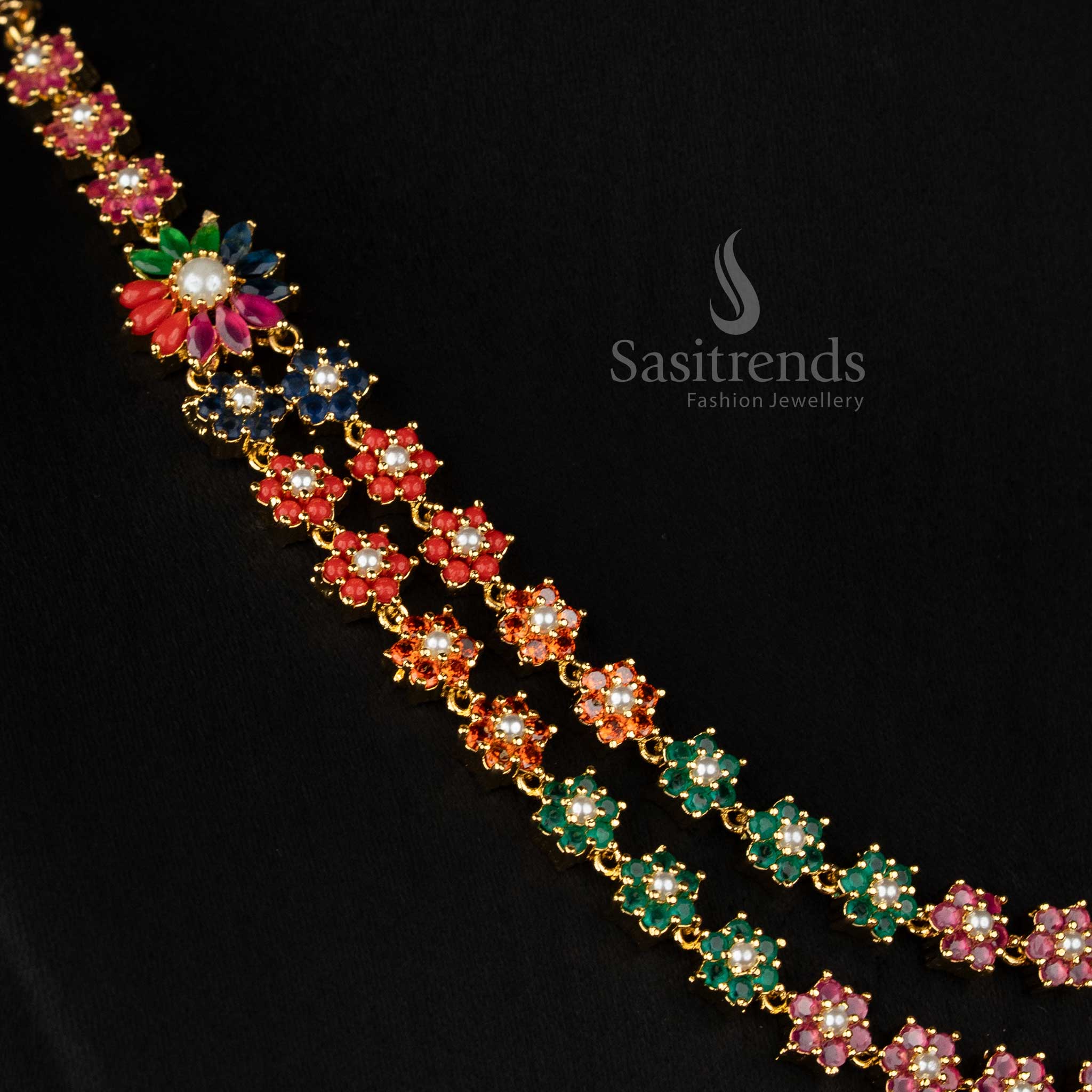 Sasitrends one gram micro gold plated American Diamond and pearl double layer floral necklace set for festive and party wear