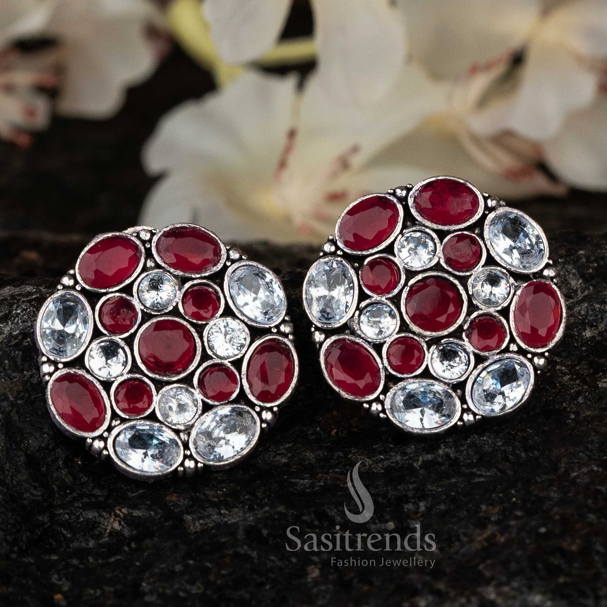 Red and White Gemstone Oxidised Earrings Vibrant Festive Style Sasitrends Online Shopping