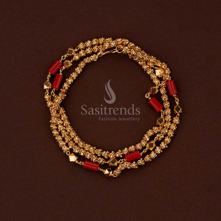 Regal Micro Gold Plated Mangalorean Dasavatharm / Thennampoo Rope Chain with Coral Beads & Golden Balls for Temple & Festive Dressing