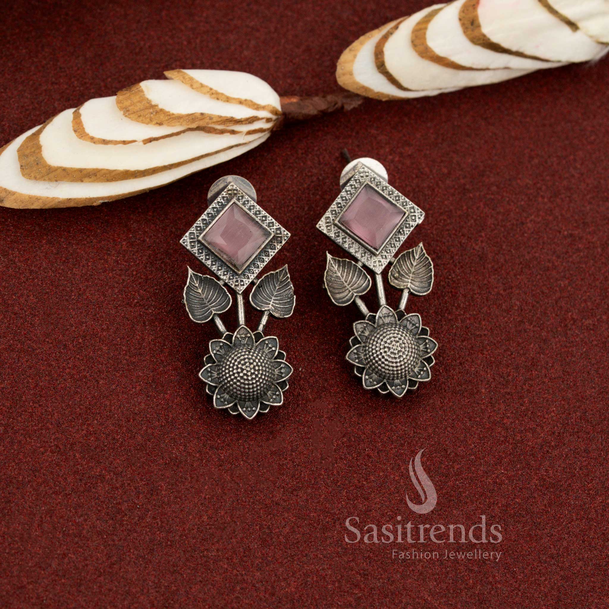 Rose balance antique oxidised stone square and floral pink earrings with gentle elegance perfect for office environments and daily professional styling – Sasitrends