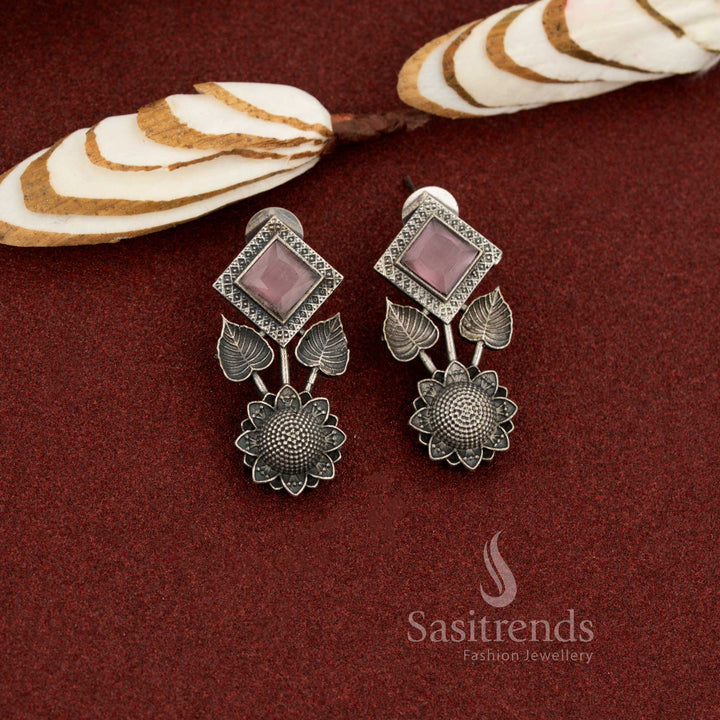 Rose balance antique oxidised stone square and floral pink earrings with gentle elegance perfect for office environments and daily professional styling – Sasitrends