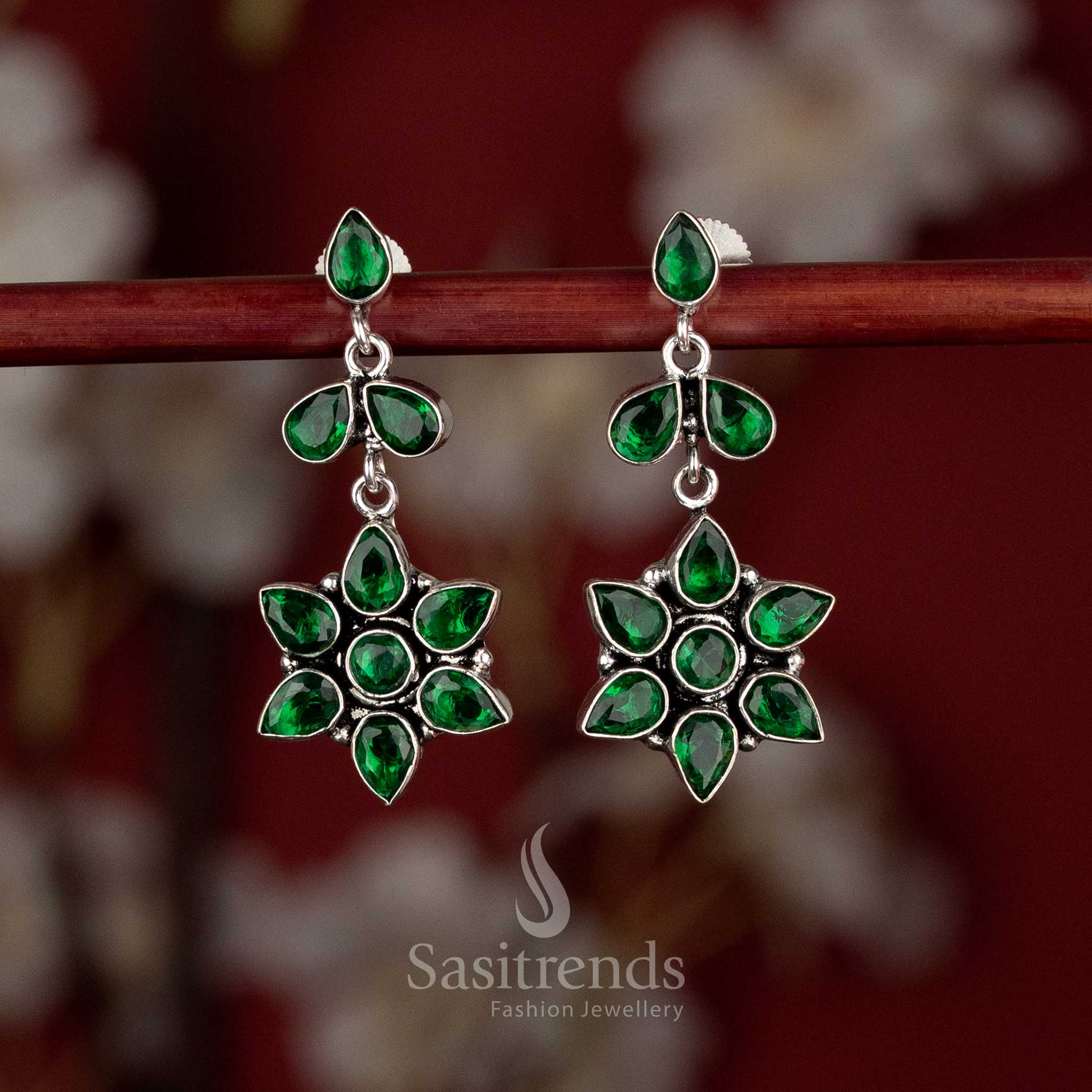 Oxidised silver rosette earrings with six pear-shaped stone petals for daily and evening wear – Sasitrends