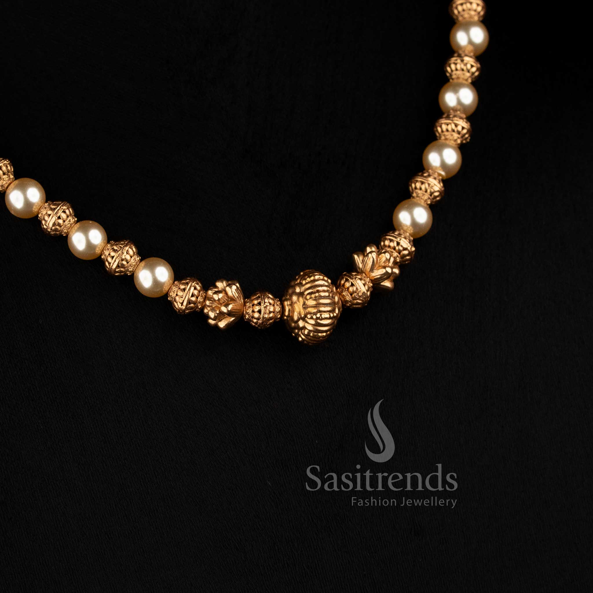 Traditional Antique Pearl and Golden Bead Mala Necklace Set for Women - Sasitrends