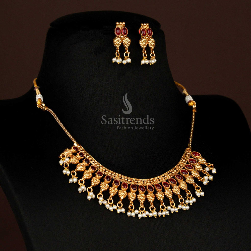 Classic Matte Gold Plated Temple Jewellery Necklace Set with Floral Drop Motifs and Bead Hangings – Sasitrends