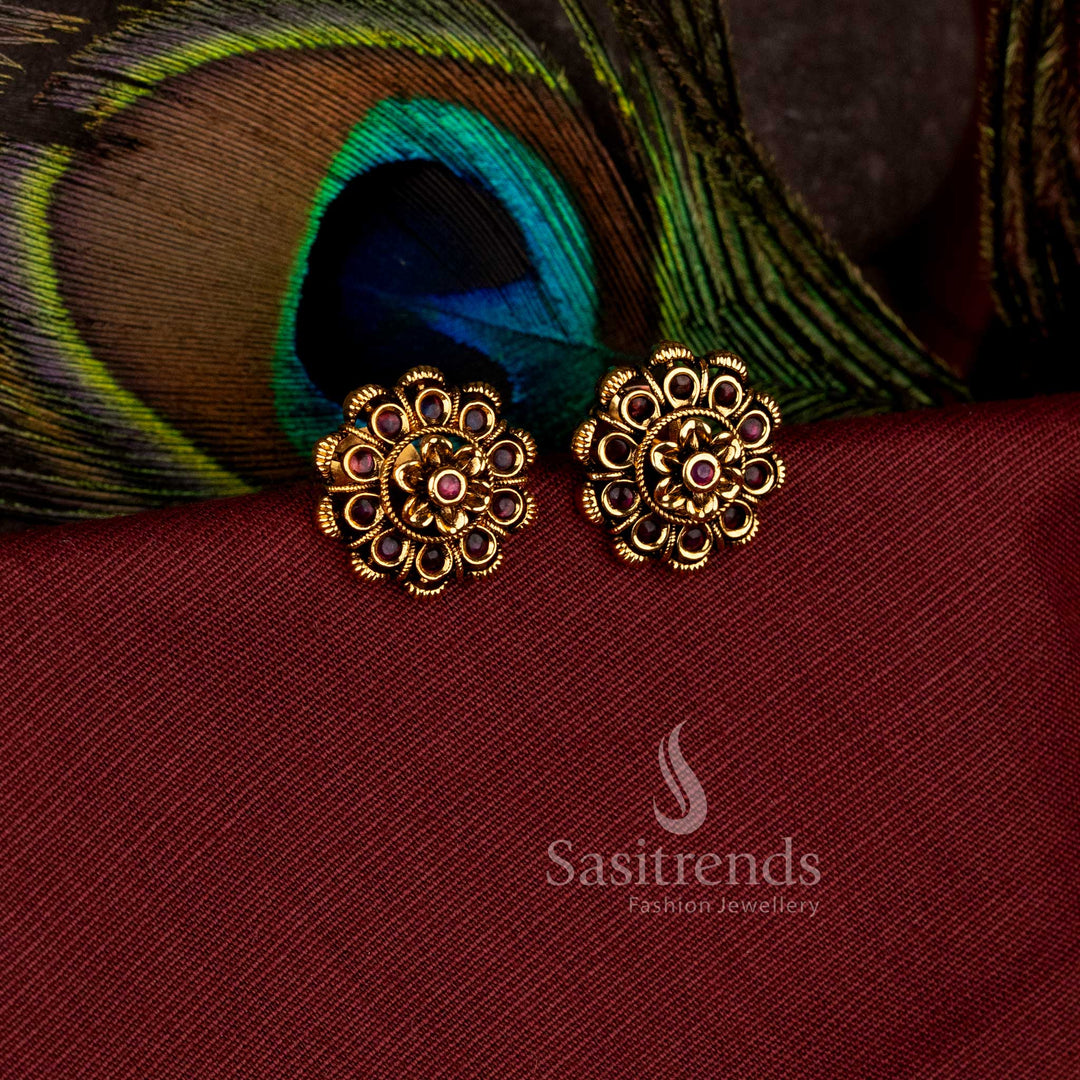 Exquisite layered flower matte gold plated stud earrings with bezel-set stones - Sasitrends