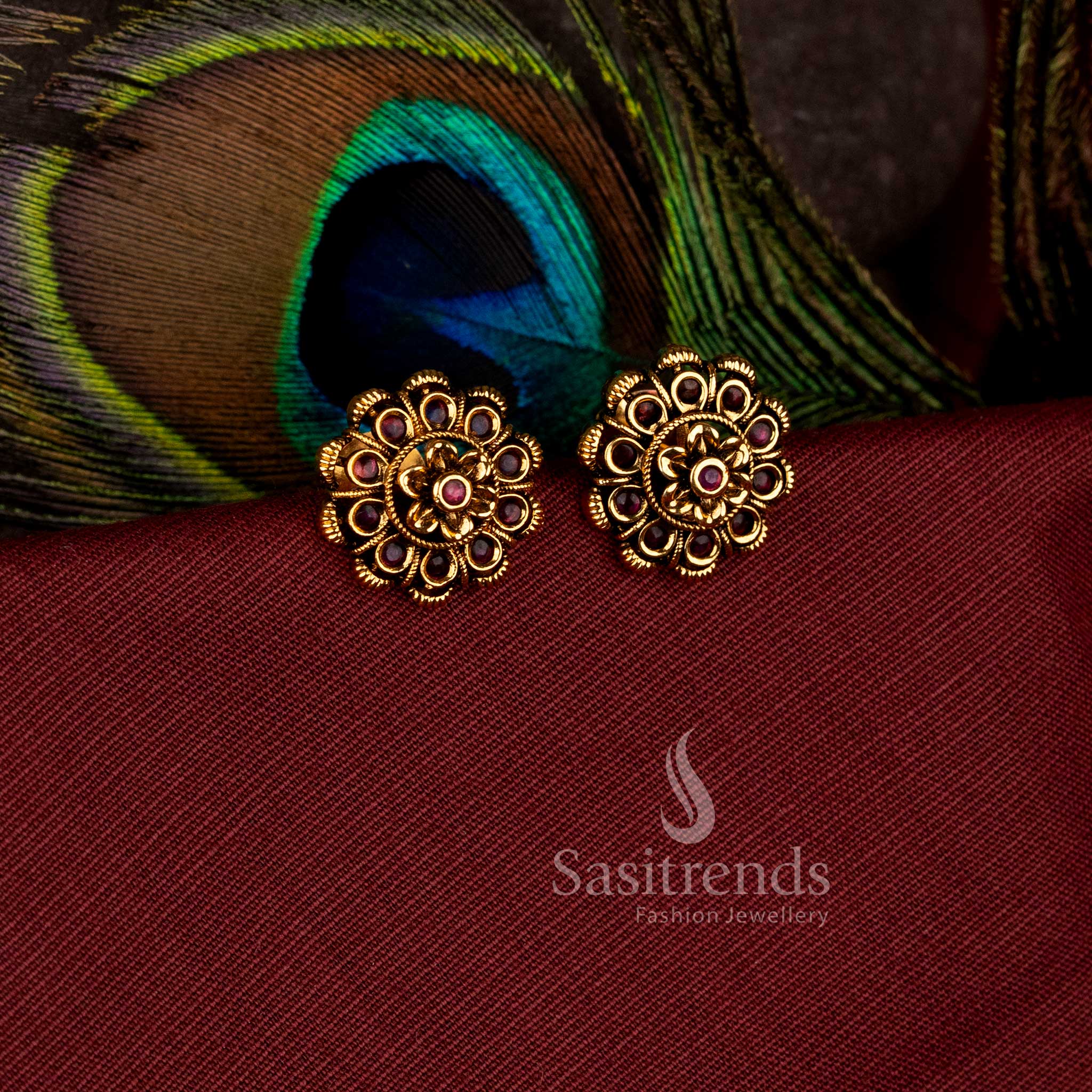 Exquisite layered flower matte gold plated stud earrings with bezel-set stones - Sasitrends