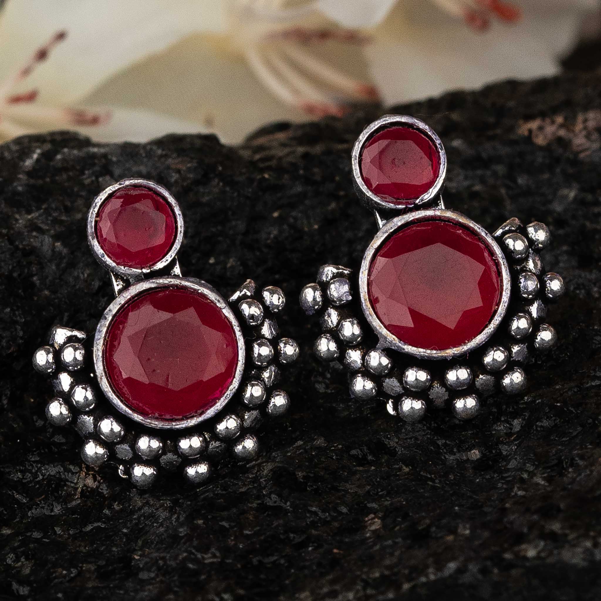 Rich Ruby Gemstone Oxidised Earrings - Ethnic Wear Collection by Sasitrends