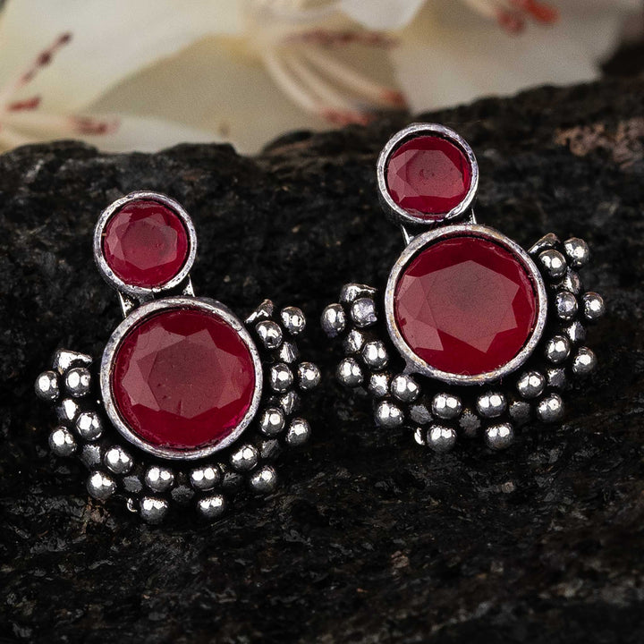 Rich Ruby Gemstone Oxidised Earrings - Ethnic Wear Collection by Sasitrends