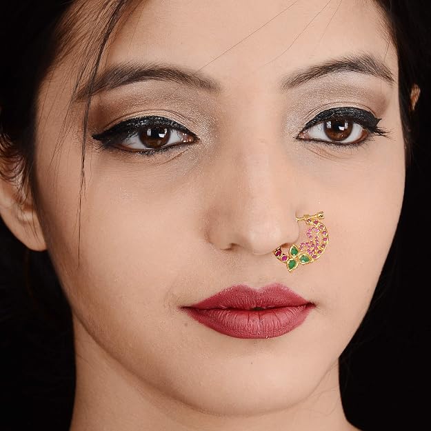 Detailed peacock AD stone crescent nosepin with colourful gemstone detailing - Sasitrends