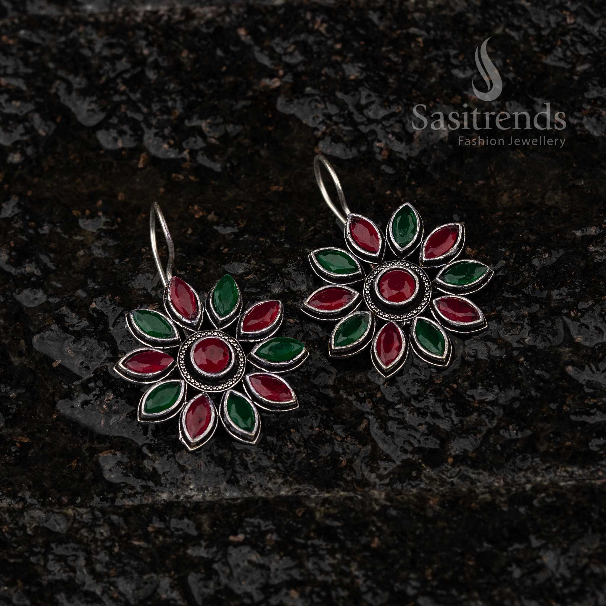 Ruby Green Floral Designer Oxidised Fish Hook Earrings Sasitrends Online Shopping