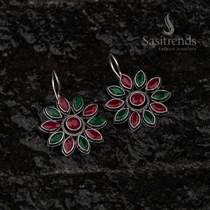 Ruby Green Floral Designer Oxidised Fish Hook Earrings Sasitrends Online Shopping