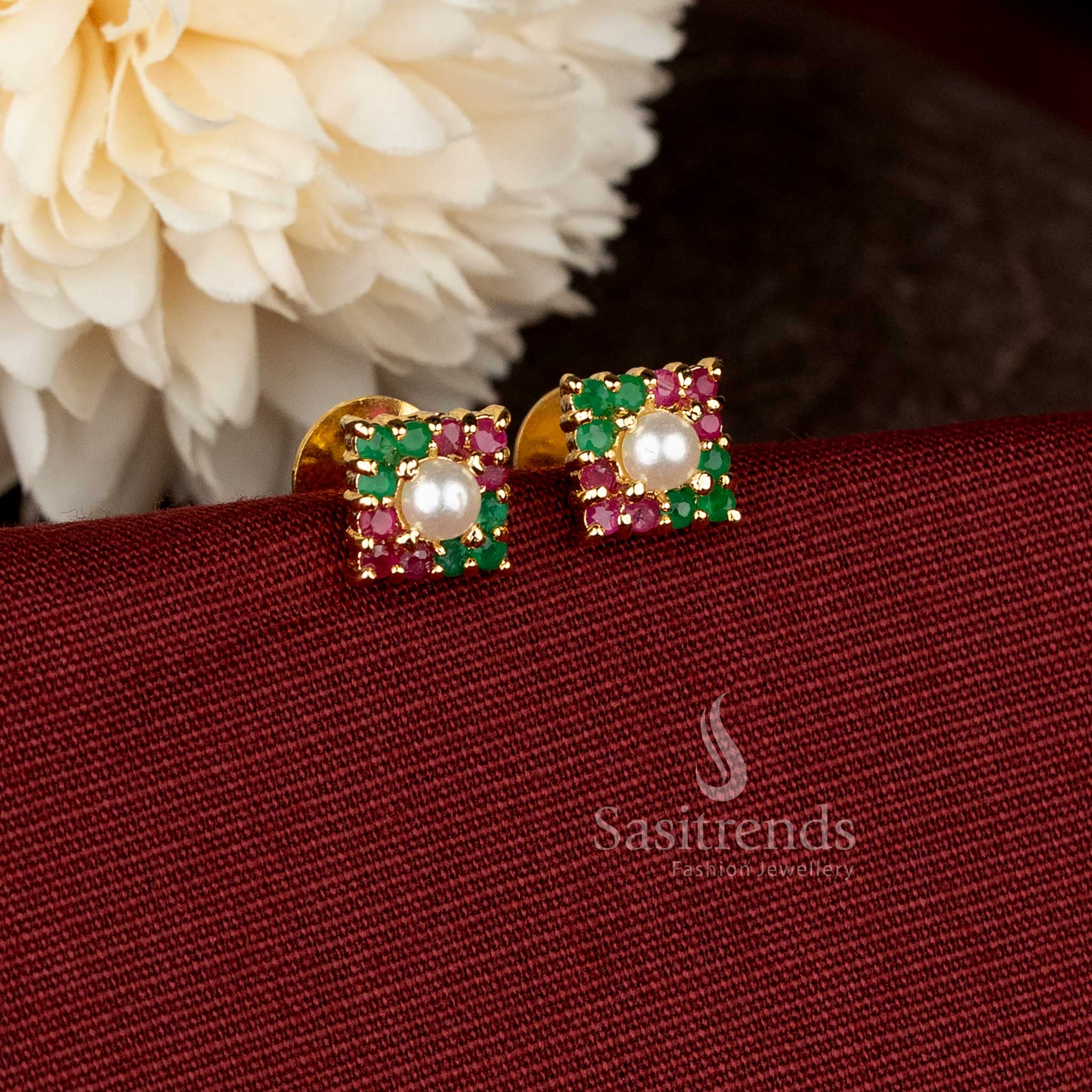 Micro gold plated square cluster pearl and ruby green stud earrings – Sasitrends