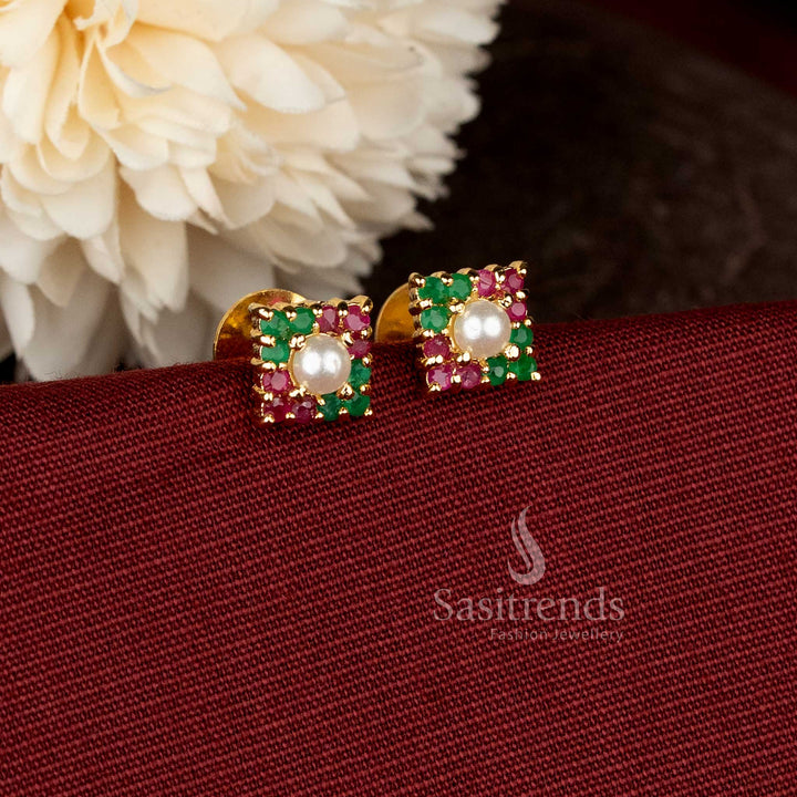 Micro gold plated square cluster pearl and ruby green stud earrings – Sasitrends
