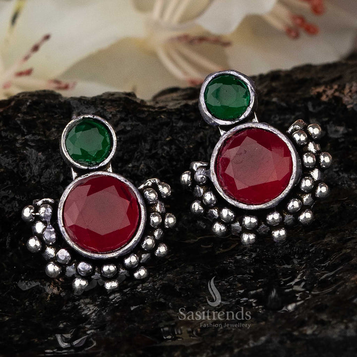 Ruby Green Stone Oxidised Earrings - Stylish Bohemian Accessory by Sasitrends