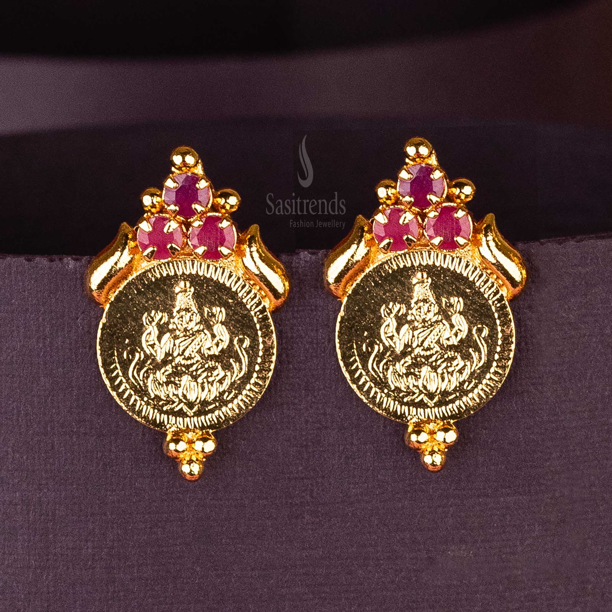 Sasitrends - Elegant Lakshmi Coin Micro Gold Plated Kerala Earrings with Three AD Stones - Sasitrends