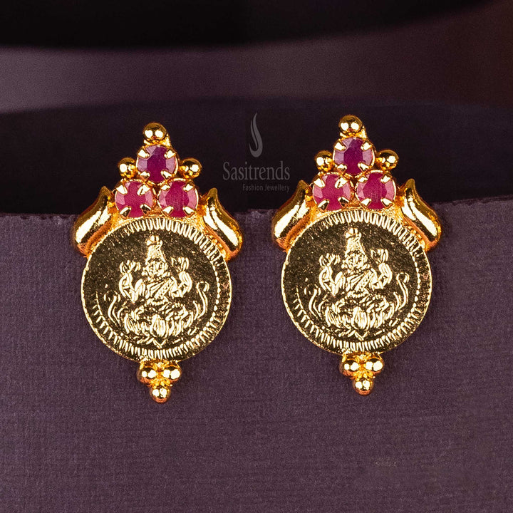Sasitrends - Elegant Lakshmi Coin Micro Gold Plated Kerala Earrings with Three AD Stones - Sasitrends