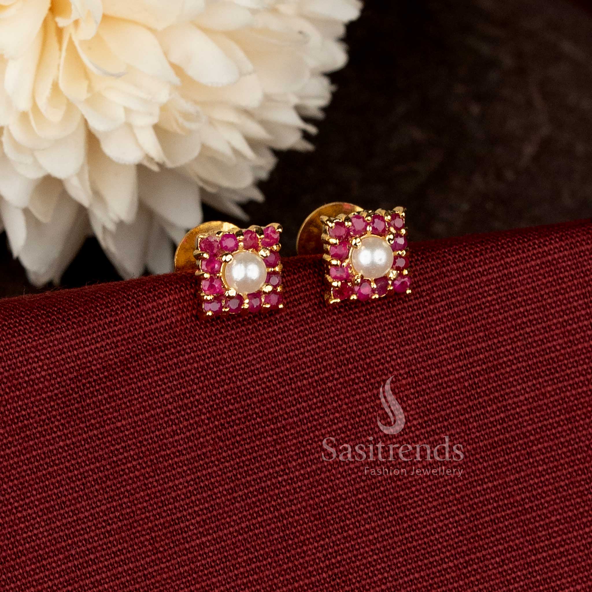 Micro gold plated square cluster pearl and ruby stud earrings – Sasitrends