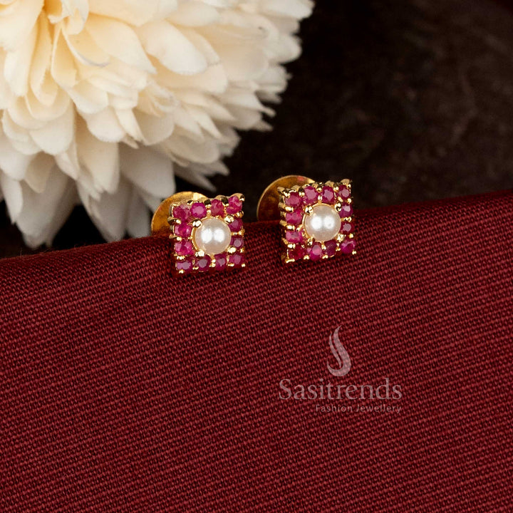 Micro gold plated square cluster pearl and ruby stud earrings – Sasitrends