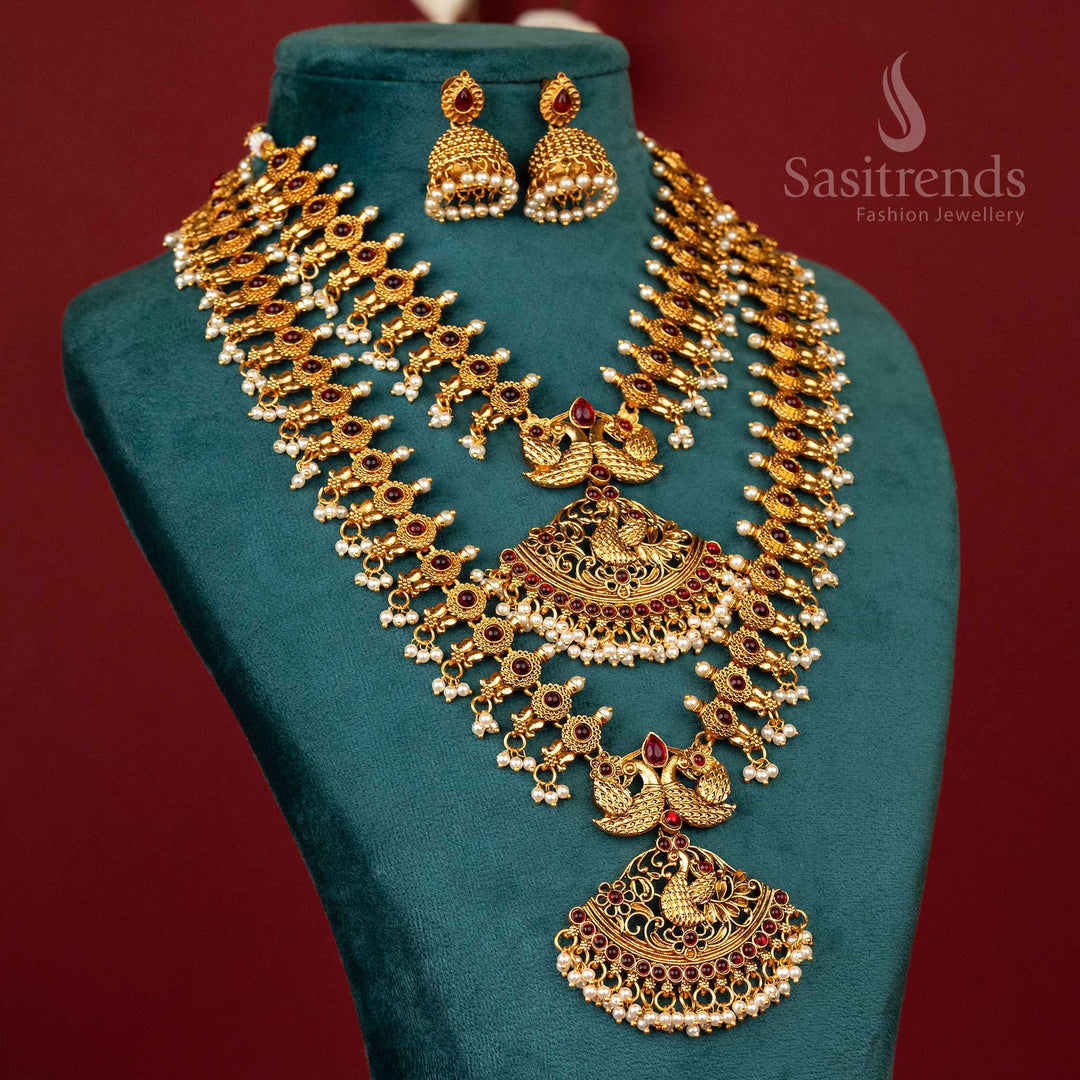 Regal matte gold plated peacock haram combo with ruby stones – traditional jewellery set with graceful South Indian charm – sasitrends