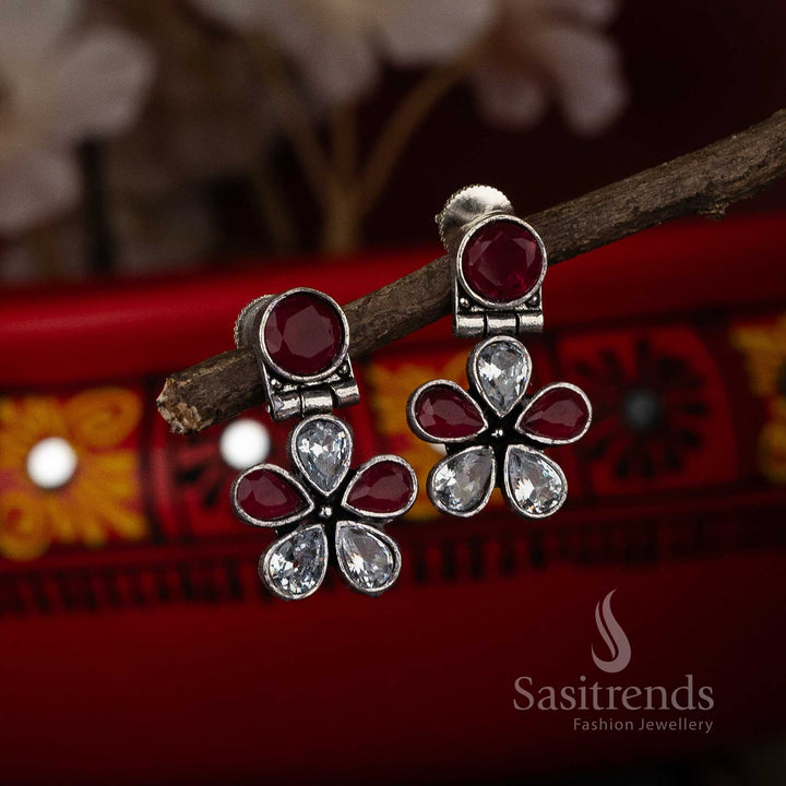 Ruby White Flower Designer Oxidised Earrings Celebrates With Style Elegance