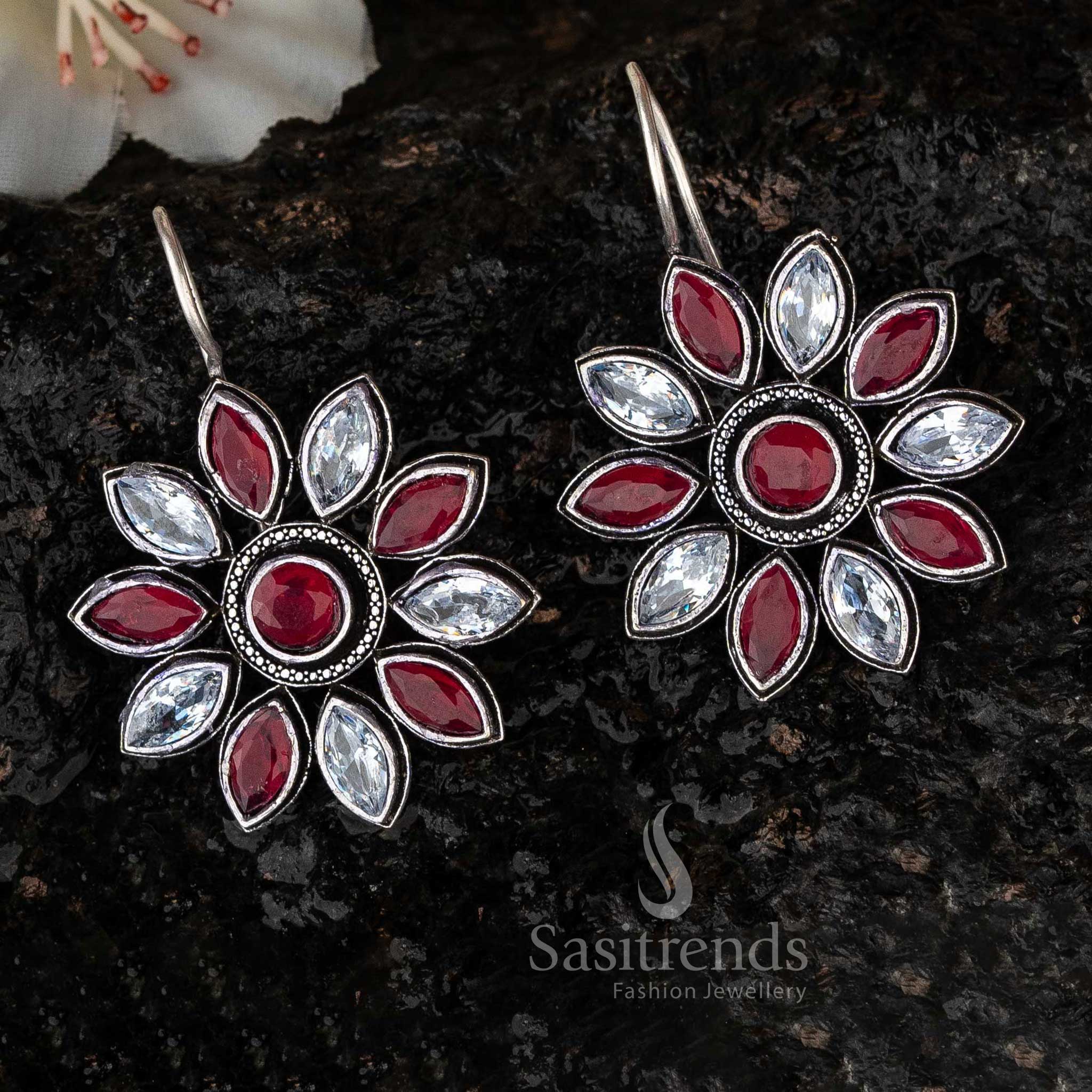 Ruby White Stone Stud Floral Oxidised Earrings Sasitrends Online Shopping