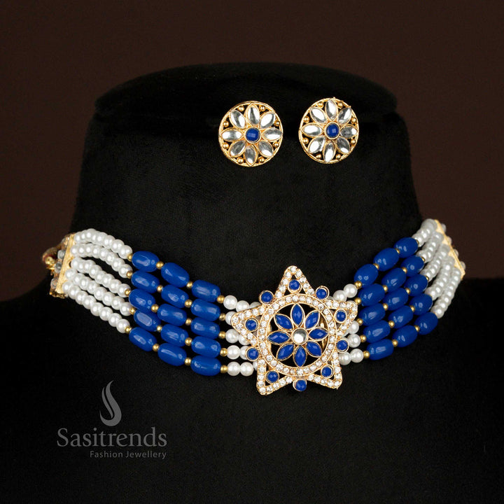Ocean blue layered pearl choker with star-shaped kundan motif – divine waves jewellery by sasitrends
