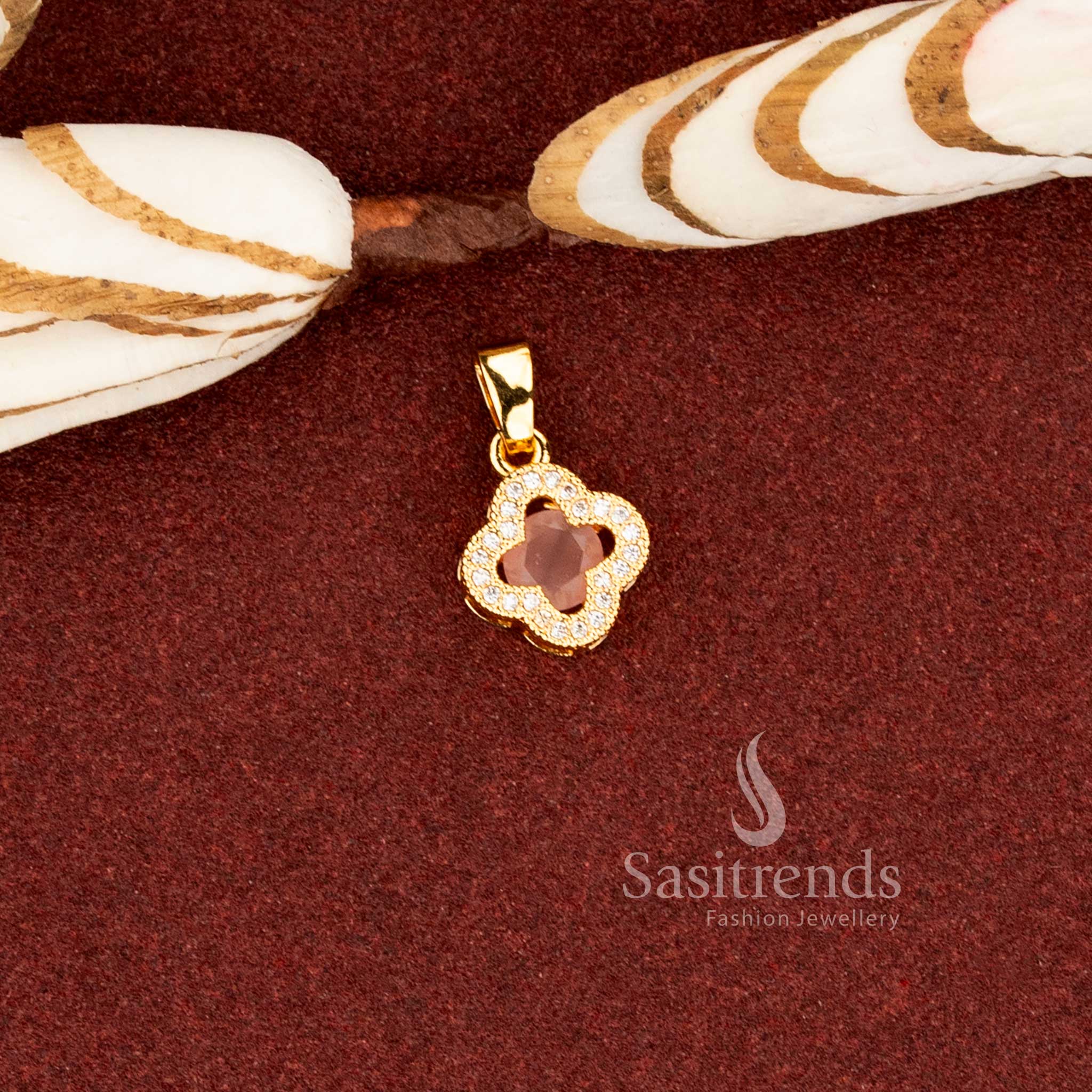 Sasitrends 1 gram 24K micro gold plated pink AD stone floral clover pendant featuring a detailed layered frame design with sparkling stone arrangement for elegant traditional styling