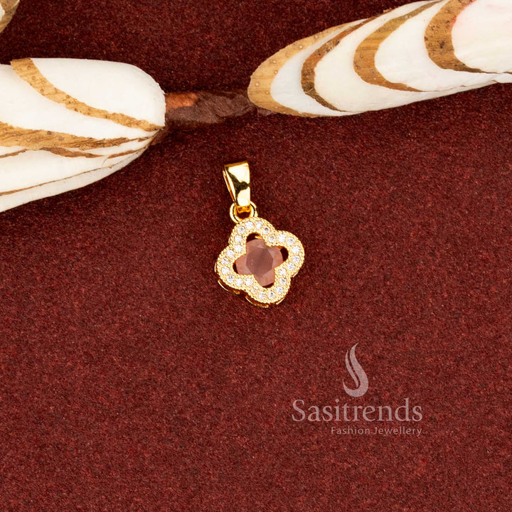 Sasitrends 1 gram 24K micro gold plated pink AD stone floral clover pendant featuring a detailed layered frame design with sparkling stone arrangement for elegant traditional styling