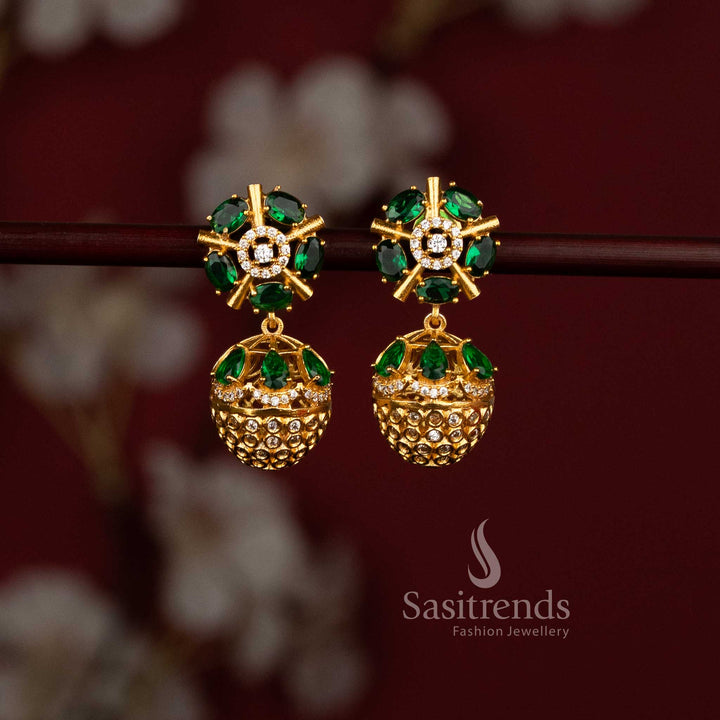 Sasitrends green American Diamond matte gold plated earrings with radial floral stud and structured textured dome jhumka