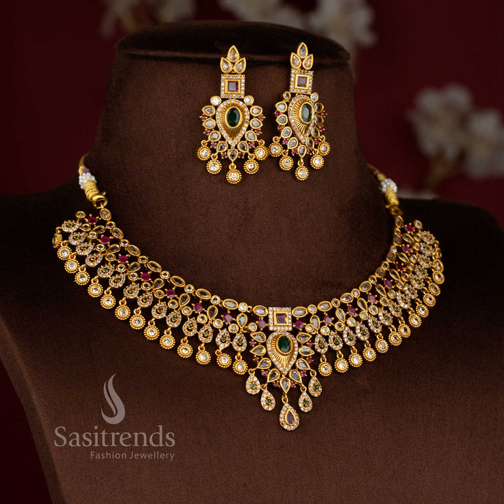Latest Bridal Wear Temple Matte Gold Tone Floral Choker Necklace Jewellery Set with AD Stones for Women | Sasitrends