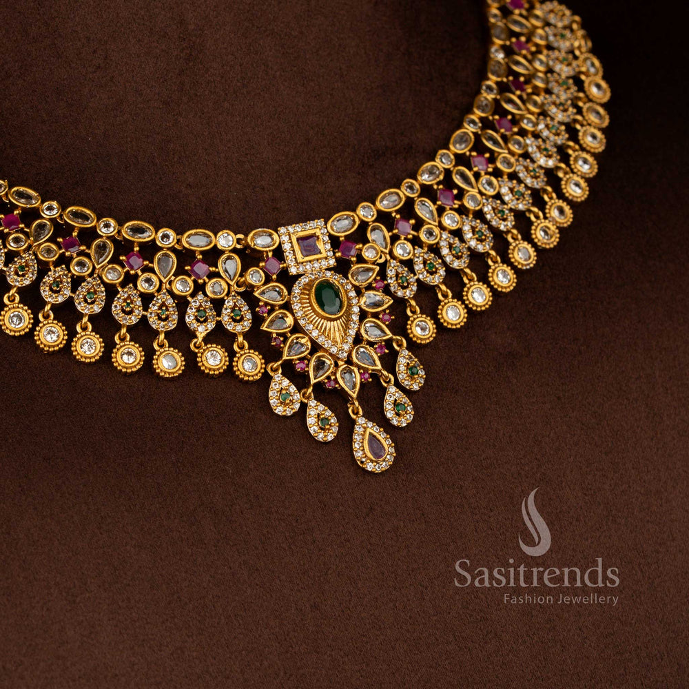 Rich premium bridal wear temple-inspired matte gold floral structured choker necklace set designed for grand wedding ceremonies