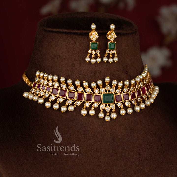 Sasitrends bridal temple matte gold tone choker necklace jewellery set crafted with structured square motifs, shimmering AD stones and elegant pearl drops for grand wedding and traditional occasions.