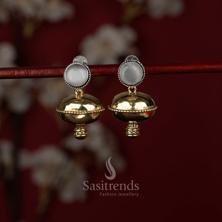 Sasitrends iconic white oxidised finish dome drop earrings featuring a polished round stone stud and traditional bell-shaped jhumka structure, perfect for sarees, festive gatherings and cultural celebrations.
